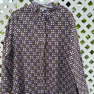 Zuri cotton african print shirt made in Kenya, long sleeves, purple/yellow/white